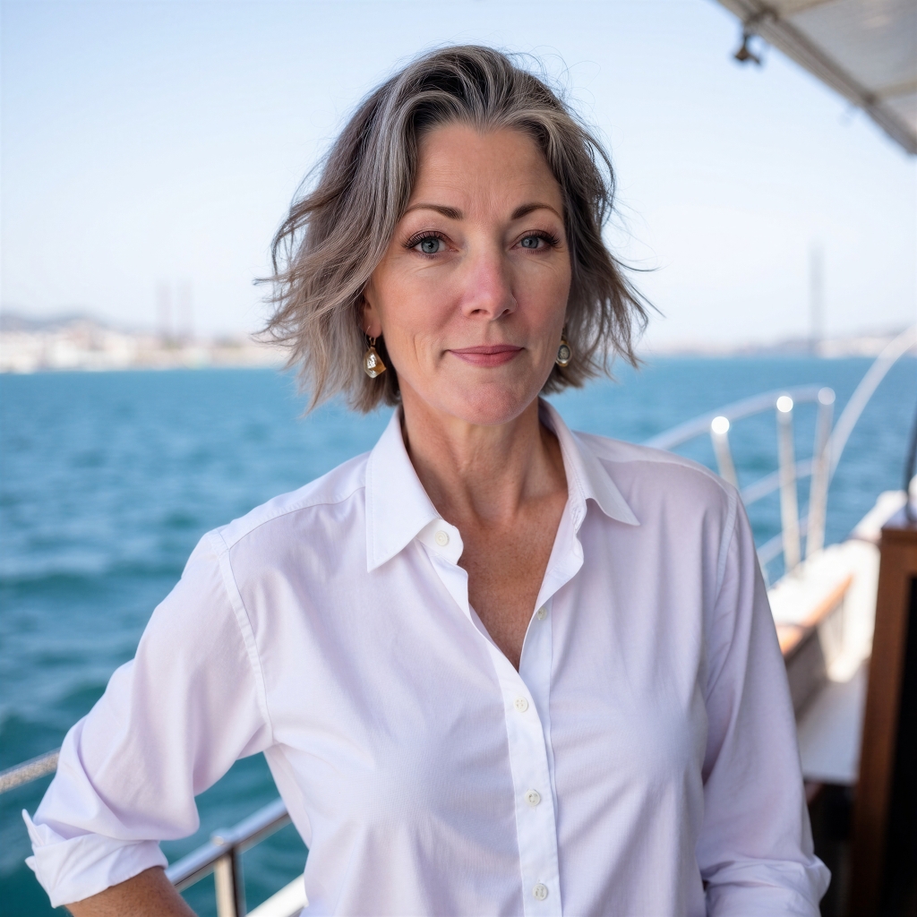 Dr. Shannon Freeman, D.Ac, DCEM Portrait of a woman wearing a white shirt on a boat deck with blue sea in the background, railing visible to the side.