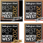 Bellingham Alive Best of the Northwest award badge with orange border, black background, white lettering, and a silver ribbon.