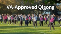 Outdoor Qigong class with a line of people stretching their arms overhead in a sunny park; large text reads 'VA-Approved Qigong' across the scene.